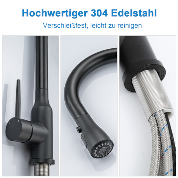 Køkkenarmaturer, 3 knapper 2 tilstande, 360° drejelig, rustfrit stål Black