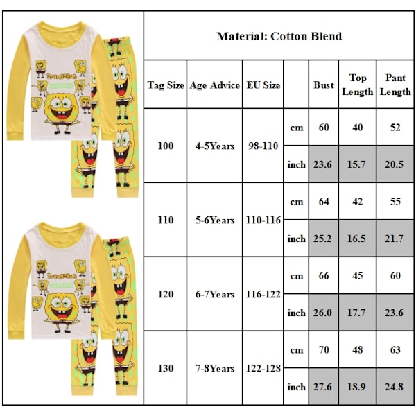 4-8 år barn pojkar flickor Spongebob långärmad topp och byxor pyjamas set barn sovkläder outfit 120cm