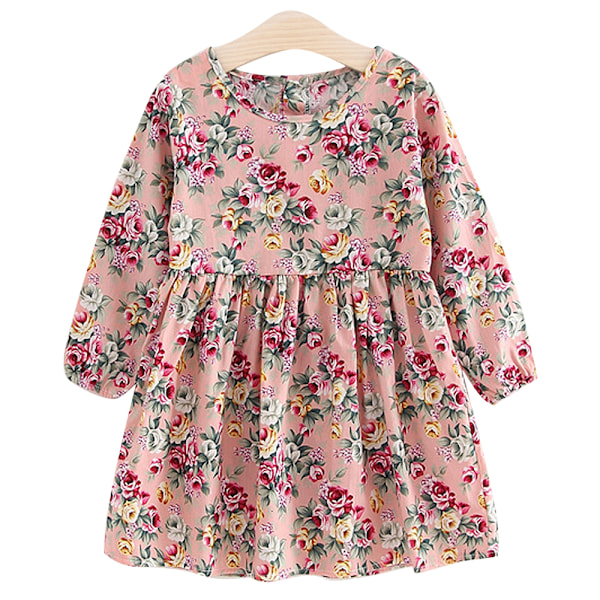 Barn Flicka Boho Blommig Långärmad Prinsessklänning Semesterfest Bal Swing Klänning Pink 90cm