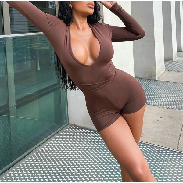 Damer Kvinnor Casual Sexig Öppen rygg Långärmad passform Slim Jumpsuit Dark Brown S