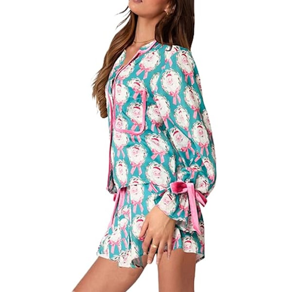 Dam 2-delat Julpyjamasset Fluga Långärmad Skjorta Volangshorts Färgglatt Jultomte Tryck Pyjamas Set Julklappar Sky Blue S