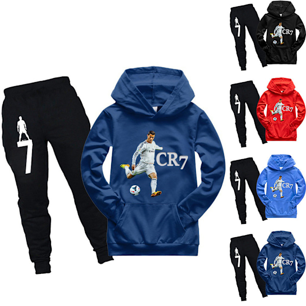 Ronaldo CR7 Barn Hoodie Sweatshirt med Huva + Byxor Träningsdräkt Outfits för Pojkar Blue 160cm