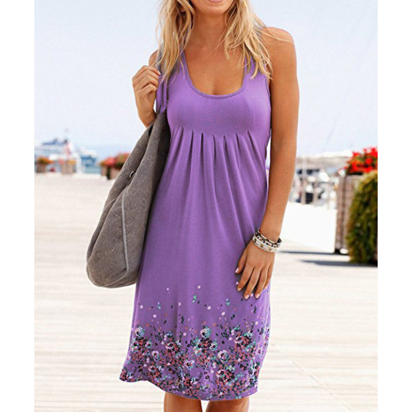 Kvinnors blommiga rund hals lös klänning sommarfest tunikaklänningar Purple  L a760 | Purple | L | Fyndiq