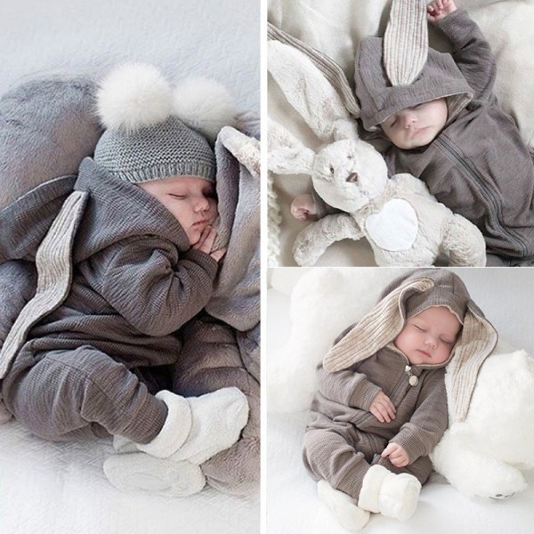 Baby Romper Söt Rabbit 3D Ear Hoodie 1-delad Dragkedja Bodysuit Grey 73