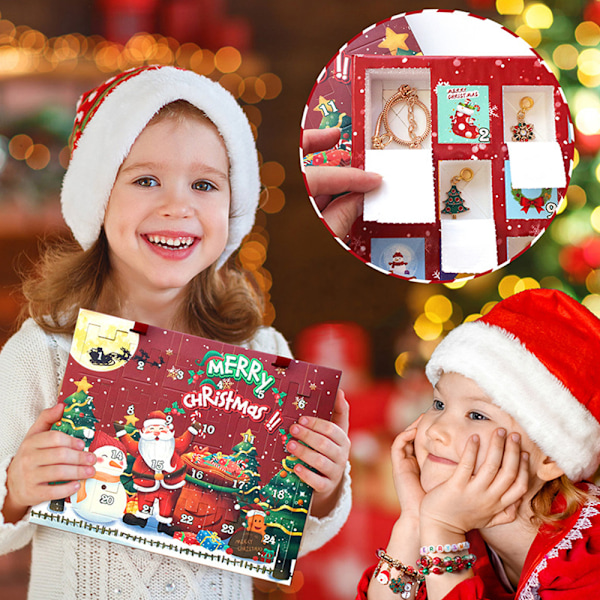 Julklappskalender med överraskningar 2024 - 24 dagar nedräkning - Smycken för flickor och barn - Julgåva - DIY-armband med charmiga pärlor och berlocker A