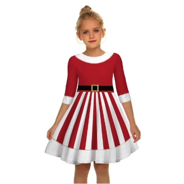 Printed Christmas Stripe Holiday Santa Claus Princess Dress 120CM