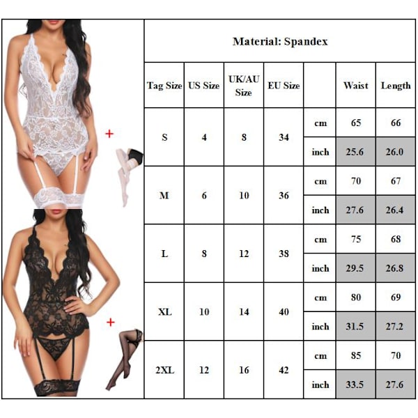 Kvinnors sexiga spetsunderkläder set push up halterneck nattkläder White M