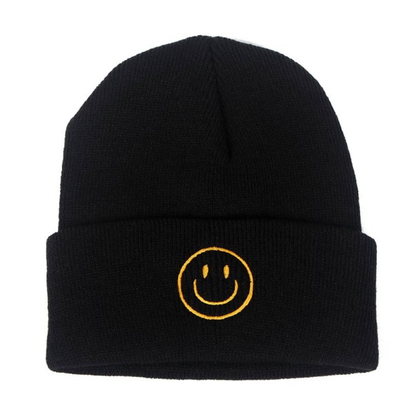 Smile Face Stickad Beanie Hat Broderad Skull Cap black