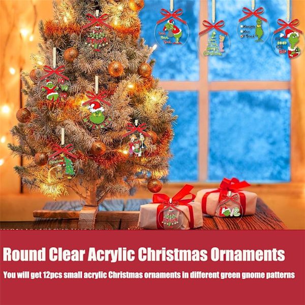 12 st 2D Merry Grinchmas Hängande Dekorationer i Akryl, Julgranspynt 12PCS