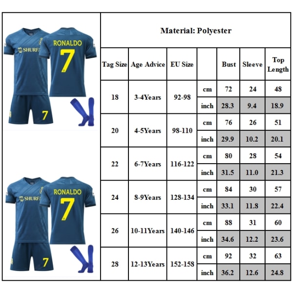 2023-24 Saudi League Ronaldo fotbollströja nr. 7 barntröja hem fotbollströja set kort med strumpa 10-11Years