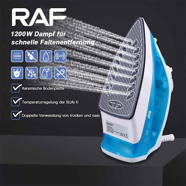 [3-dages forsendelse] Dampstrygejern - Vertikal damp - Keramisk strygesål 1200W - Hurtig opvarmning og effektiv strygning - Seks temperaturindstillinger, Blå Blue