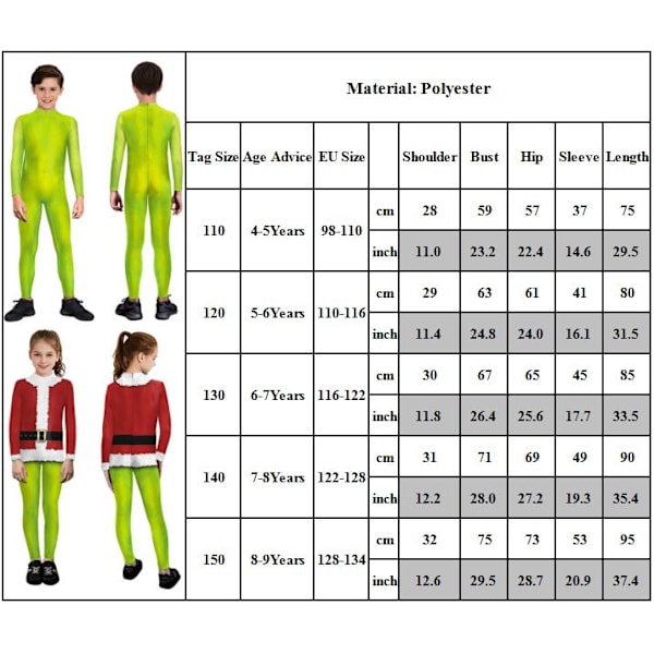 Grinchens Kostym för Barn Pojkar Flickor Cosplay Fest Fancy Dress Jumpsuit Bodysuit B 130cm