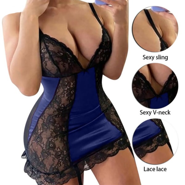 Kvinnor Spetsklänning Sexig Djup V-ringad nattlinne Plus Size Nattlinne Blue 2XL