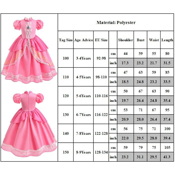 Prinsessan Peach Klänning Kostym för Flickor Cosplay Födelsedagsfest 150cm