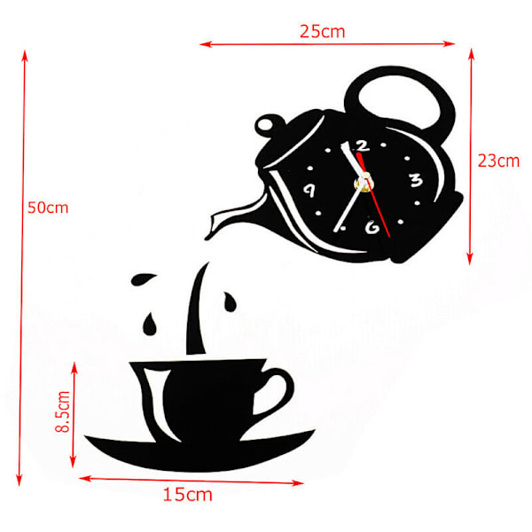 Diy Akryl Kaffe Kopp Tekanna 3d Väggklocka Kök Väggklockor Black
