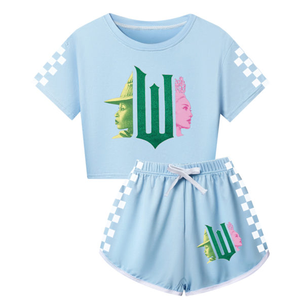 5-14 År Barn Ungdomar Flickor Pojkar Häxtryck Träningsdräkt Kortärmad T-shirts Topp+shorts Sportkläder Set Presenter Light Blue 140cm