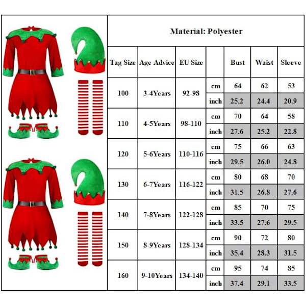 Tyttöjen joulutonttu-asu, jossa hattu, kengät ja sukat 140cm