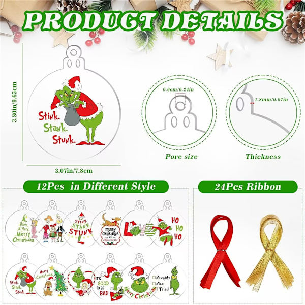 12 st 2D Merry Grinchmas Hängande Dekorationer i Akryl, Julgranspynt 12PCS