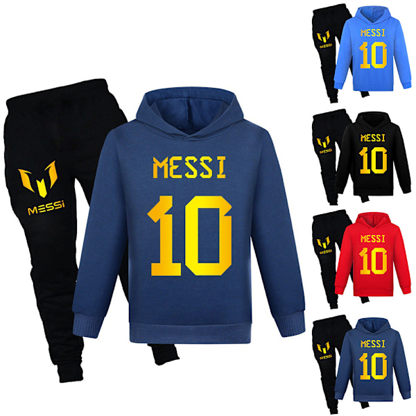 Messi Tryckt Barn Pojke Flicka Hoody Träningsoverall Jumper Hoodies Topp Byxor Set Outfits Sportkläder Dark blue 130cm