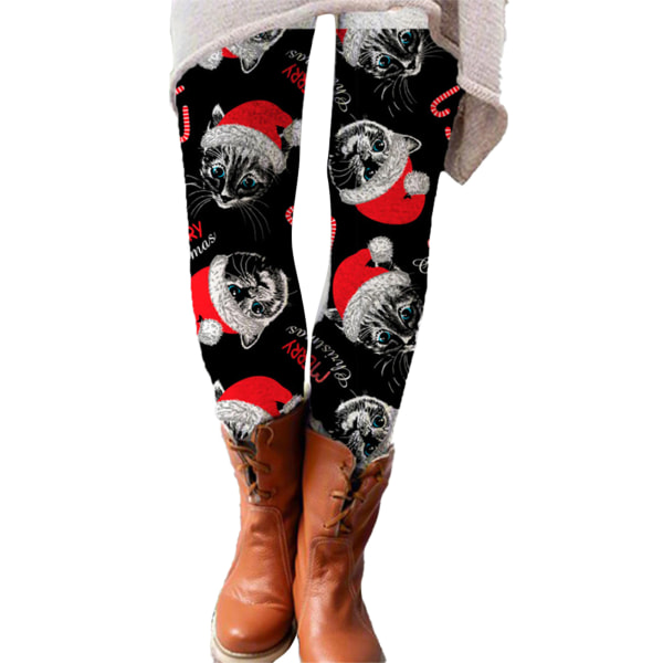 Kvinnors Skinny Byxor Vinter Varma Jul Tomte Print Legging Byxor A XL