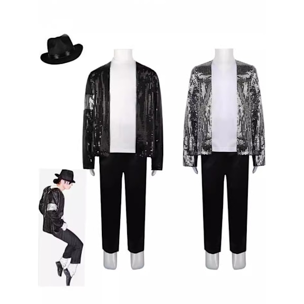 Lyxig Paljettjacka Outfit Michael Jackson Vuxen Halloween Maskeradfest Silver + Hat L