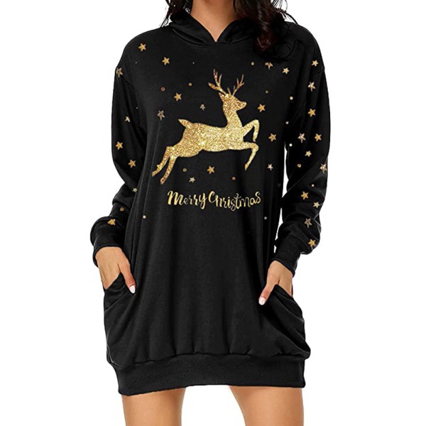 Sexig Sweatshirt Klänning Kvinnor Hooded Lös Casual Christmas Dress gold-bule XL