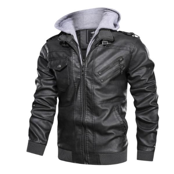 Herrejakke i skinn, motorsykkel, slim fit, hette PU-jakke, høst vinter, fritid, vindtett, herreklær, avtakbar hatt Grey M