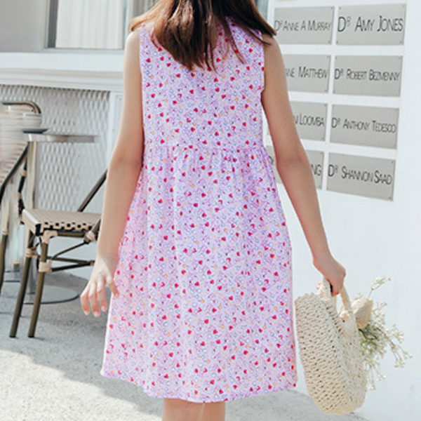 Barnflickor Blommig Ärmlös Tunika Klänning Sommar Semester Lös Tank Sundress Pink 140cm