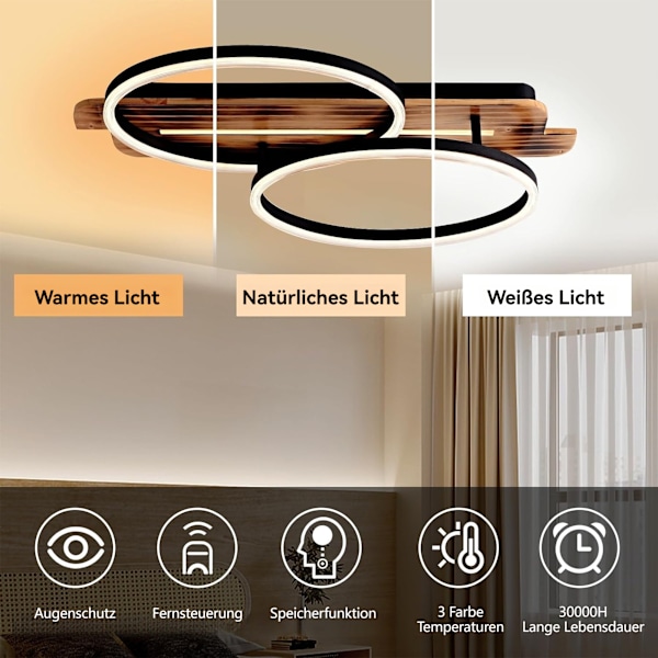 [3-dagers forsendelse] LED taklamper med tre - Trinnløs dimbar taklampe - 2 ringer moderne soveromslampe - Trespisestuelampe, med fjernkontroll 60x38cm