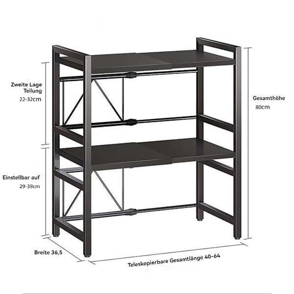 Køkkenhylde, 40-64 cm udtrækkelig mikrobølgeovnshylde, 2 niveauer 10 cm højdejusterbare mikrobølgeovnsstativer med 6 kroge, køkkenopbevaringshylde Black