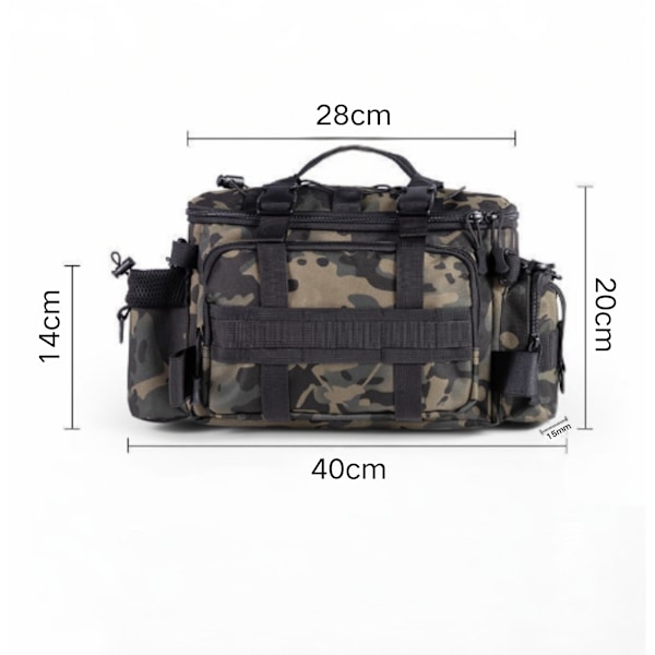 [3 päivän lähetys] Kalastuslaukut, yleiskäyttöinen laukku, vedenpitävä ja kulutusta kestävä, pehmustetulla olkahihnalla ja kantokahvoilla, Camouflage