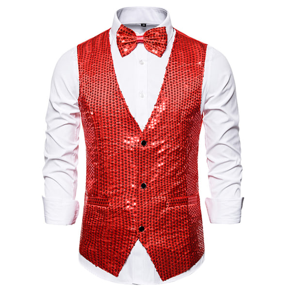 Paljettväst för män + Fluga Knappväst Glitter Väst Business Dansfest Kostym Red M