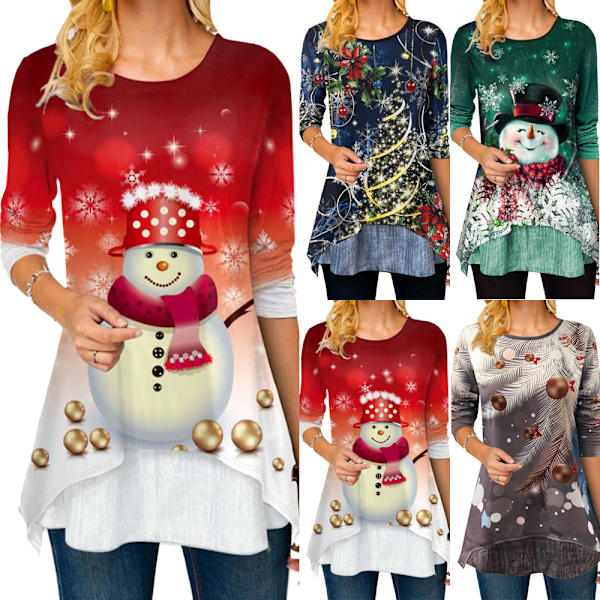 Jule T-shirts til kvinder Snemand Print Tee Langærmede Pullovers bule 2XL