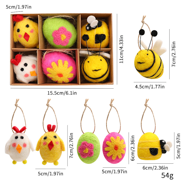 6 st Filt Påskägg, Hängande Ornament för Hemvägg och Träd, Vårdekorationer, Korgfyllare, Partydekoration, Konst- och Hantverksmaterial 6PCS
