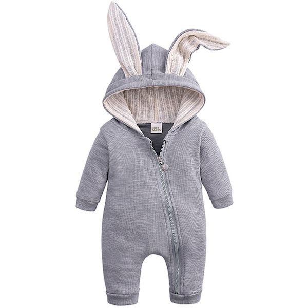 Baby Romper Sød Kanin 3D Øre Hættetrøje 1-Delt Lynlås Bodysuit Grey 90