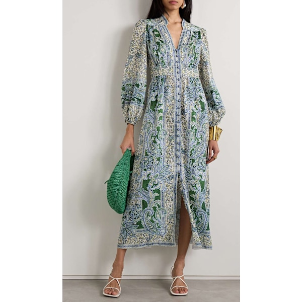 Ottie Plisseret Trykt Linned Midi Kjole 2025 Forår Nyt Kvinde Mode Temperament Retro V-Hals Lange Ærmer Enkelt Knaplukning Kvinder Lang Kjole Green 2XL