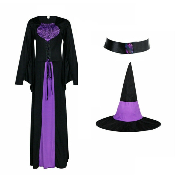 Kvinnlig häxa utklädnad Halloween Cosplay kostym & hatt kläder M