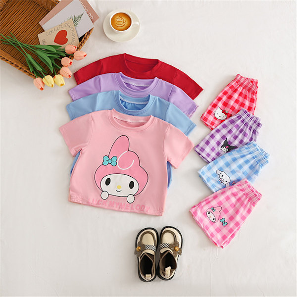 2 st Sanrio Melody Kuromi HelloKitty Cinnamoroll T-shirt och rutig shorts för flickor Blue 110cm