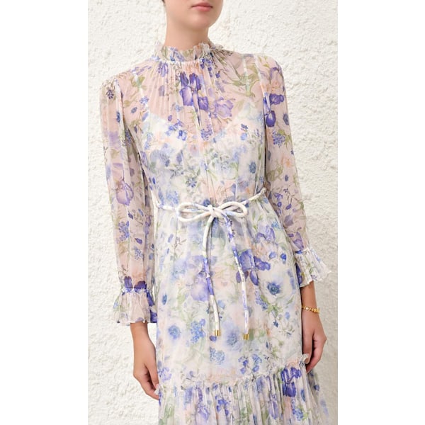 NATURA TUBULAR MIDI Kjole 2025 Sommer Dame Mode Temperament Retro Stående Hals Slips Flare Ærmer Dame Lang Kjole M