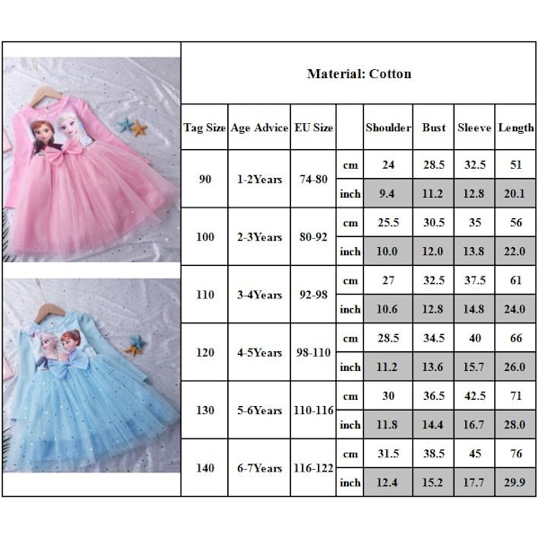 Flickor Prinsessa Elsa Höstklänningar Långärmad Anna Klänningar Barn Födelsedagsfest Balklänning Pink 90cm