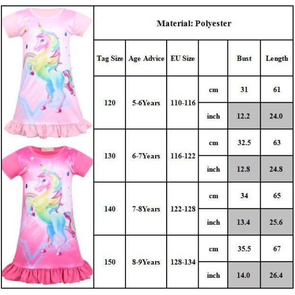 Barn Flicka Nattkläder Unicorn Nightie Nattlinne T-shirt klänning pink 140cm