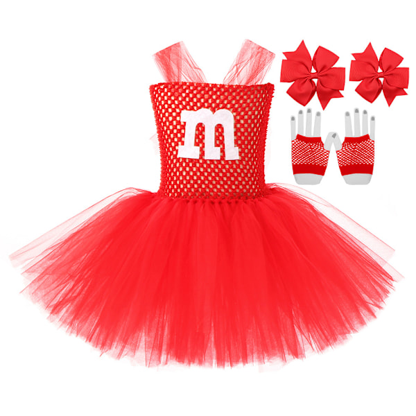 M&M's Kostym Hårspännen Handskar Set Barn Flickor Tutu Tyllklänning Maskerad Big Red M