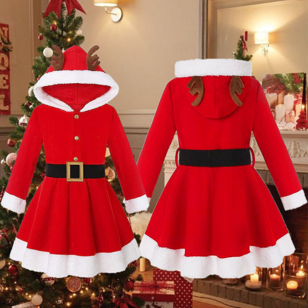 Barn Flickor Jultomten Cosplay Kostym Huvklänning 120CM