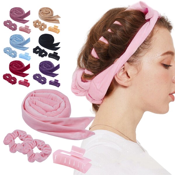 Värmelös Curling Pannband Curl Ribbon med Hair Claw Clip pink