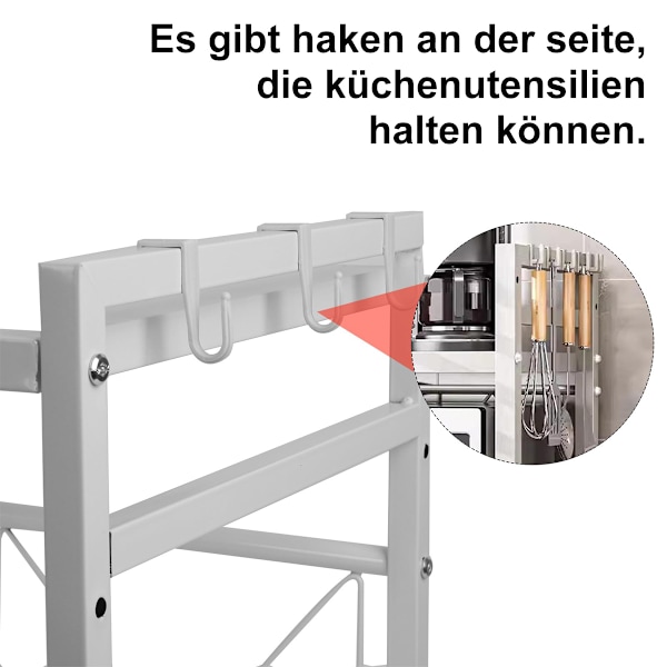 Køkkenhylde, 40-64 cm udtrækkelig mikrobølgeovnshylde, 2 niveauer 10 cm højdejusterbare mikrobølgeovnsstativer med 6 kroge, køkkenopbevaringshylde White