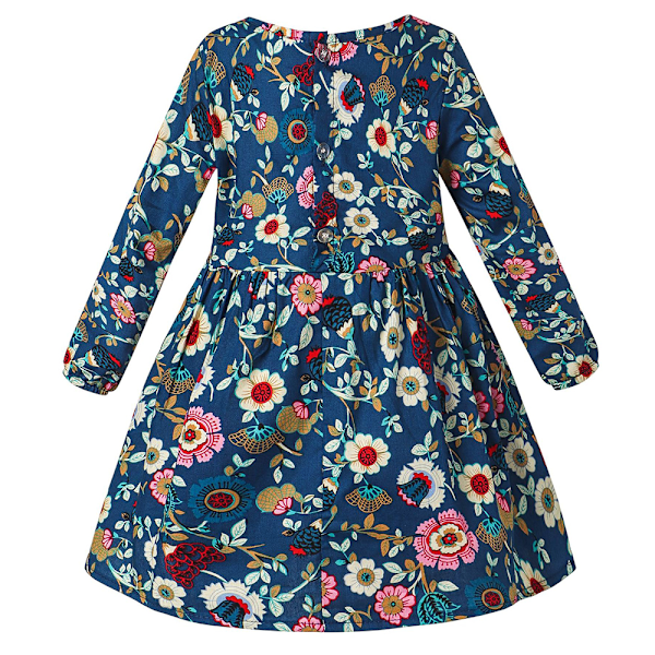 Barnflicka Boho Blommig Långärmad Prinsessklänning Semesterfest Bal Swingklänning Navy 110cm