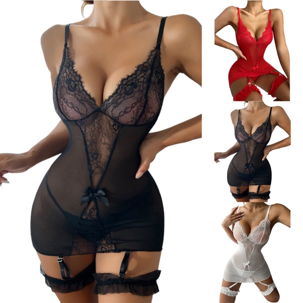 Kvinnor Sexiga Spets Underkläder Set Underkläder Stringklänning Nattkläder Black XL