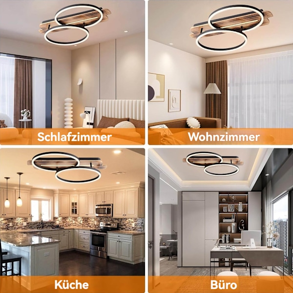 [3-dagers forsendelse] LED taklamper med tre - Trinnløs dimbar taklampe - 2 ringer moderne soveromslampe - Trespisestuelampe, med fjernkontroll 60x38cm