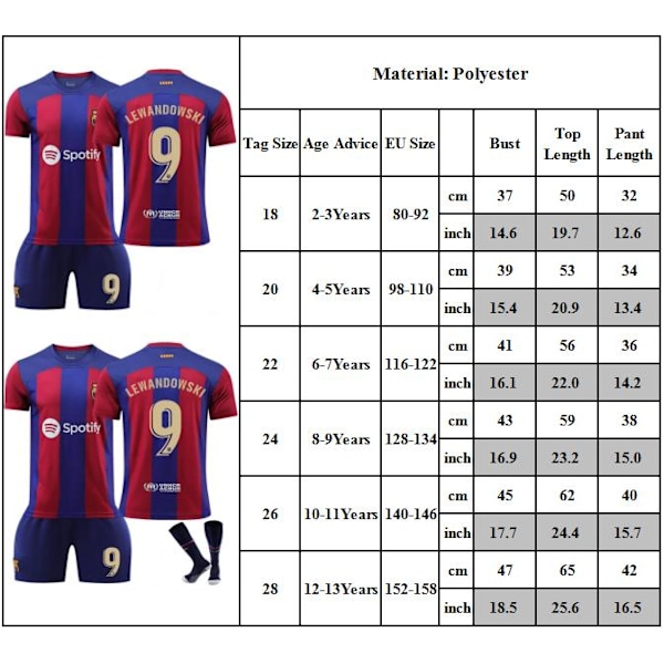 Fotbollströja för Barn, Nr 9 Lewandowski Fotbollsträningsuniform 20