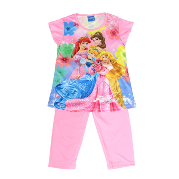 Girls Princess Pyjamas Set T-shirt Byxor Nattkläder Pink B 7-8 Years